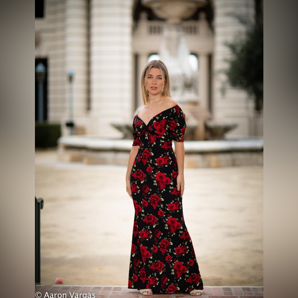 Red and Black Off-Shoulder Maxi Dress with Flutter Sleeves